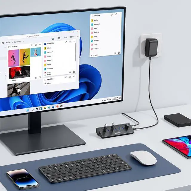Alt view image 14 of 14 - Powered USB Hub, 7-Port USB 3.0 Hub, Aluminum USB Data Hub with 3.3ft Cable, USB Hub 3.0 Powered with 20W Power Adapter for MacBook, Mac Pro/mini, iMac, XPS, PC, USB-Flash Drives, etc. (Black)