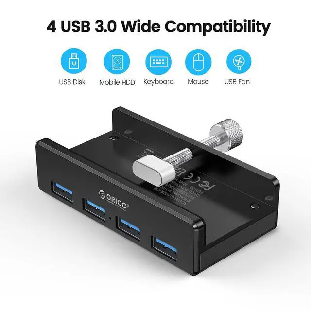 Alt view image 11 of 14 - USB 3.0 Hub, USB Hub Clamp, Aluminum 4-Port USB Splitter with Extra Power Supply Port and 4.92 FT USB Data Cable, Desktop Powered USB Hub for Monitors/Desks-Black (Without Power Adapter)