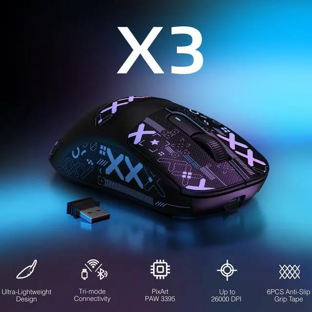 Alt view image 9 of 14 - X3 Wireless Gaming Mouse, 49g Lightweight Triple Mode Ergonomic Computer Mouse, PAW3395 26K DPI Sensor, 200h Battery Life, Griptape Programmable Buttons for PC/Laptop/Mac/Win