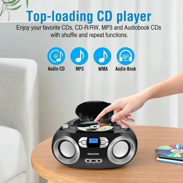 Alt view image 13 of 14 - Portable CD Player Boombox with FM Radio, Bluetooth, USB Port, AUX Input, and Headphone Jack CD-R/CD-RW/MP3-CD Compatible, Clear Stereo Sound, Backlit LCD Display Black