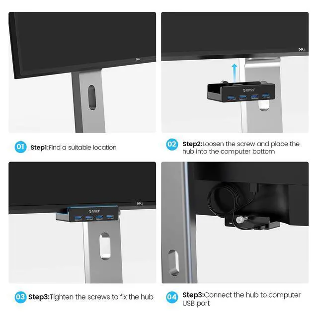 Alt view image 14 of 14 - USB 3.0 Hub, USB Hub Clamp, Aluminum 4-Port USB Splitter with Extra Power Supply Port and 4.92 FT USB Data Cable, Desktop Powered USB Hub for Monitors/Desks-Black (Without Power Adapter)