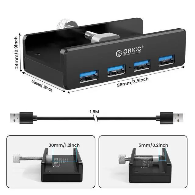 Alt view image 13 of 14 - USB 3.0 Hub, USB Hub Clamp, Aluminum 4-Port USB Splitter with Extra Power Supply Port and 4.92 FT USB Data Cable, Desktop Powered USB Hub for Monitors/Desks-Black (Without Power Adapter)