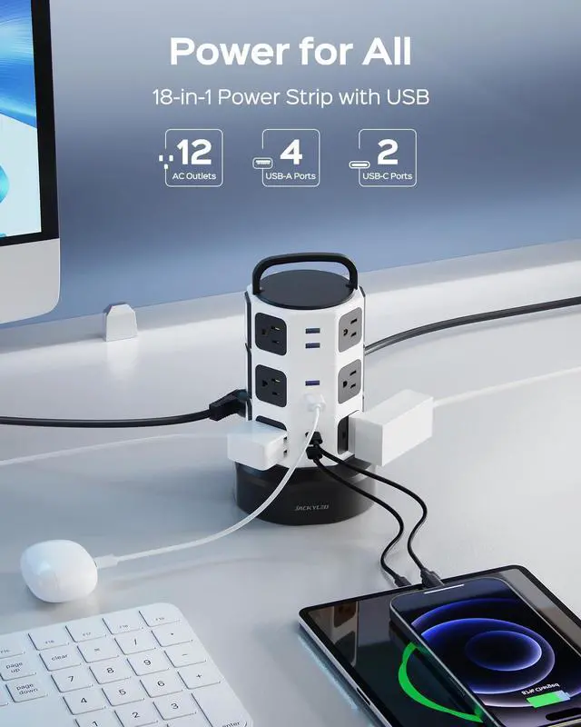 Alt view image 9 of 14 - Power Strip Tower Surge Protector, 12 Outlets 6 USB (2 USB C) Charging Station, Extension Cord with Multiple Outlets, 1050J 1625W/13A Outlet Extender 6.5ft Extension Cord for Home Office