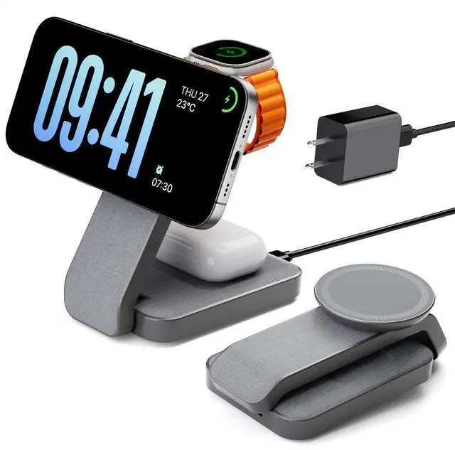 Alt view image 8 of 14 - 3 in 1 Foldable Wireless Charging Station for MagSafe, Nightstand Magnetic Charger Stand for iPhone 17 16 15 14 Pro Max, Travel Charging Dock with Night Light for Apple Watch/AirPods (Gray)