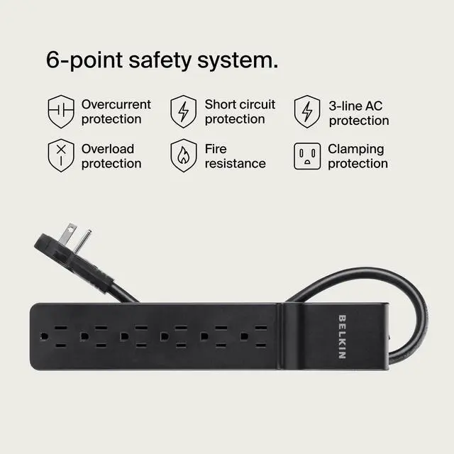 Alt view image 10 of 14 - Surge Protector Power Strip with 6 AC Outlets, 6ft/1.8M Long Heavy-Duty Extension Cord, & 360-Degree Rotating AC Plug for Conference Rooms, Computer Desktops, & More - 600 Joules of Protection