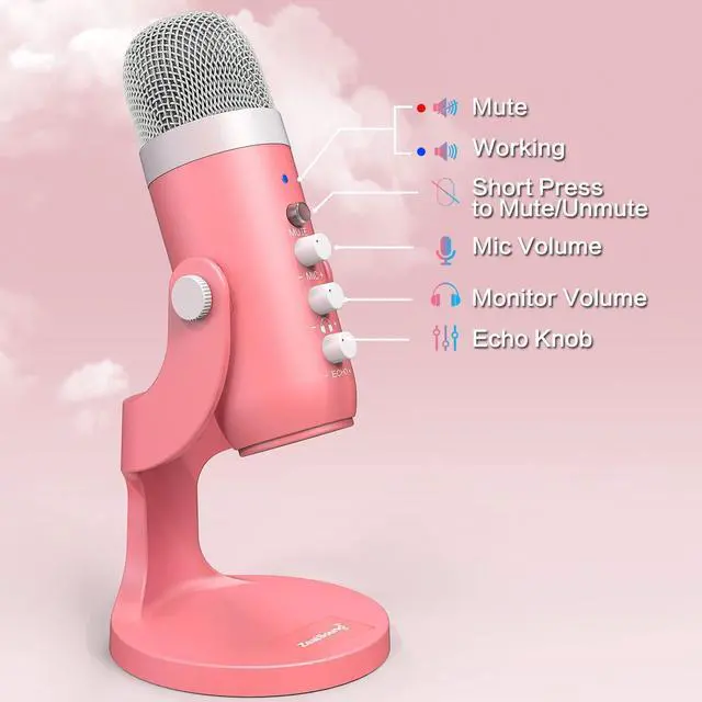Alt view image 12 of 14 - Microphone Pink, Noise Cancellation ASMR Mic with Gain, Volume Adjustment & Mute Button, Monitoring & Echo, for Vocal Recording, Podcast, YouTube, TikTok, PC, iPhone, iPad, Android, Mac, K66