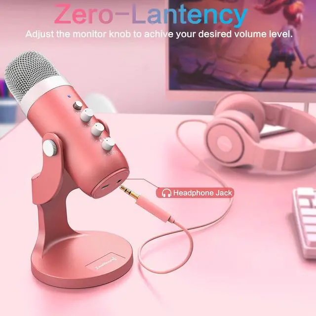 Alt view image 11 of 14 - Microphone Pink, Noise Cancellation ASMR Mic with Gain, Volume Adjustment & Mute Button, Monitoring & Echo, for Vocal Recording, Podcast, YouTube, TikTok, PC, iPhone, iPad, Android, Mac, K66