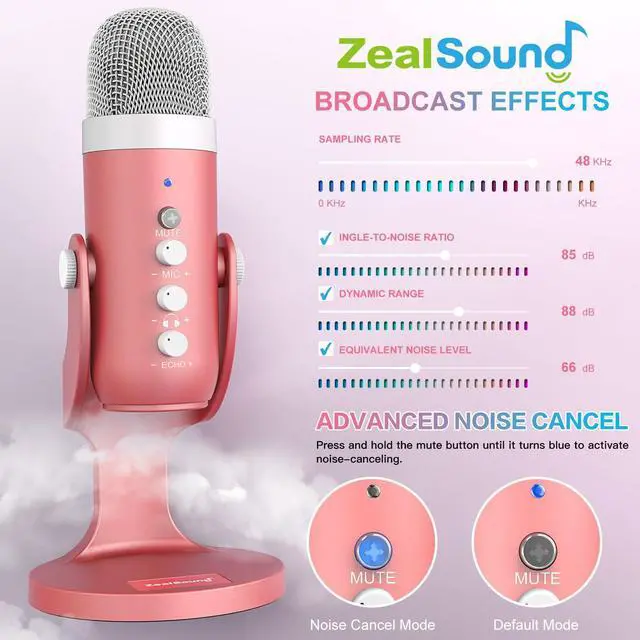 Alt view image 10 of 14 - Microphone Pink, Noise Cancellation ASMR Mic with Gain, Volume Adjustment & Mute Button, Monitoring & Echo, for Vocal Recording, Podcast, YouTube, TikTok, PC, iPhone, iPad, Android, Mac, K66