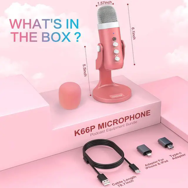 Alt view image 14 of 14 - Microphone Pink, Noise Cancellation ASMR Mic with Gain, Volume Adjustment & Mute Button, Monitoring & Echo, for Vocal Recording, Podcast, YouTube, TikTok, PC, iPhone, iPad, Android, Mac, K66