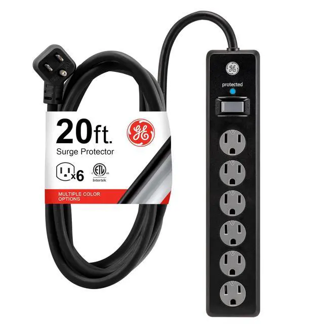 Alt view image 8 of 14 - 6-Outlet Surge Protector, 20 Ft Extension Cord, Power Strip, 800 Joules, Flat Plug, Twist-to-Close Safety Covers, Protected Indicator Light, UL Listed, Black, 50769