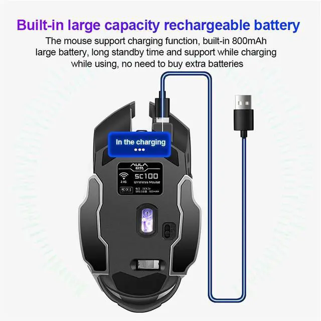 Alt view image 12 of 14 - SC100 Silent Wireless Gaming Mouse Rechargeable, with Side Buttons, LED Backlit, DPI Adjustable, 2.4G Wireless Optical Computer Mice Punk Cool Mouse for Games/Work (Black)