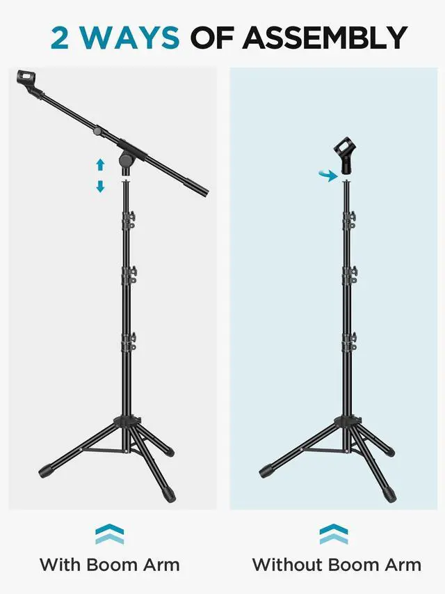 Alt view image 13 of 14 - Microphone Stand, Tripod Boom Arm Floor Mic Stand Height Adjustable Heavy Duty with Carrying Bag 2 Mic Clips 3/8" to 5/8" Adapter for Singing Podcast for Blue Yeti Shure SM58 SM48 Samson Q2U