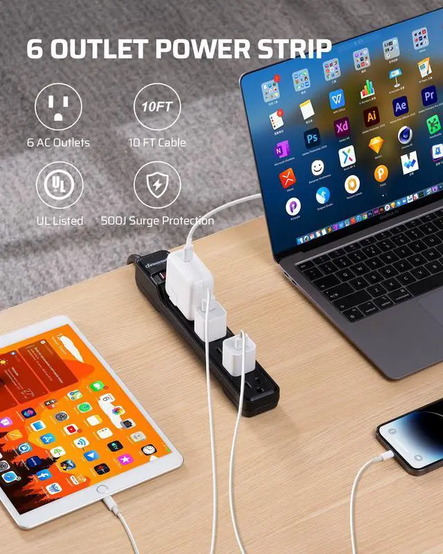 Alt view image 9 of 14 - 6-Outlet Power Strip Surge Protector with 10 Foot Long Extension Cord, Low Profile Flat Plug, 15 Amp Circuit Breaker, 500 Joules, Wall Mount, UL Listed, Black