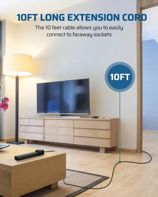 Alt view image 10 of 14 - 6-Outlet Power Strip Surge Protector with 10 Foot Long Extension Cord, Low Profile Flat Plug, 15 Amp Circuit Breaker, 500 Joules, Wall Mount, UL Listed, Black