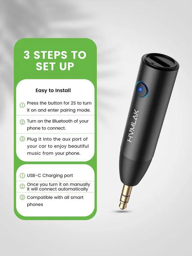 Alt view image 10 of 12 - Bluetooth 5.4 Car Aux Adapter with Enhanced Microphone, 3.5mm Jack for Car Home Stereo, USB-C Charging, Sturdy Case, 1 Piece