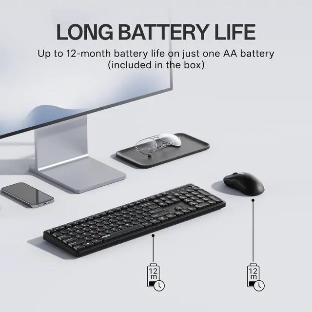 Alt view image 12 of 14 - X2100 Quiet Wireless Keyboard and Mouse Combo, 2.4GHz USB Receiver, 12 Multimedia Keys, Spill-Proof, Full-Sized, Compatible with PC, Laptop, Black