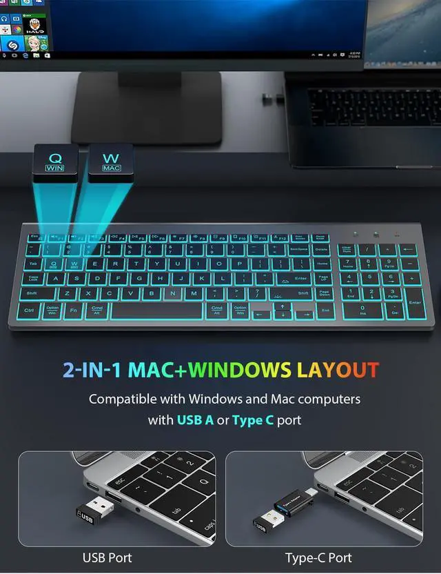 Alt view image 10 of 14 - Wireless Keyboard and Mouse Combo Backlit - Compact Quiet Keyboard with RGB Mouse, Rechargeable, Slim, Sleep Mode, Portable Cordless Keyboard Mouse Set for Mac, Windows (Space Gray) - SABLUTE KM61PRO