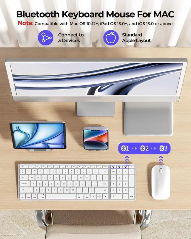 Alt view image 9 of 14 - Bluetooth Keyboard and Mouse Combo for Mac, SKM64-2 Rechargeable Slim Wireless Keyboard Mouse Compact, 3 Multi-Device Connection, Compatible for Mac, MacBook Pro/Air, iPad, White Silver