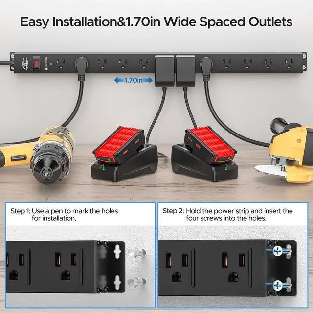 Alt view image 9 of 12 - 12-Outlet Long Power Strip with 15FT Cord, 2100 Joules Heavy Duty Surge Protector Mountable Power Strip, Wide Spaced Outlets for Industrial Garage Commercial(15A/1875W)