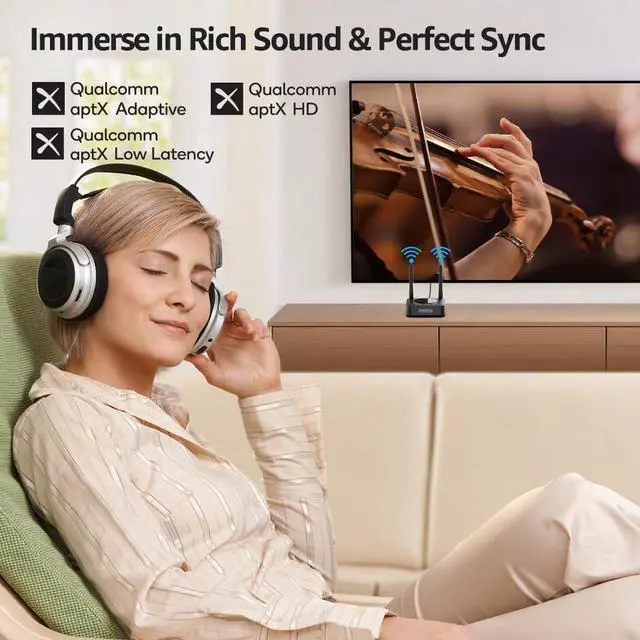 Alt view image 8 of 14 - B06TX+ Long Range Bluetooth 5.3 Transmitter for TV/PC/Projector to 2 Wireless Headphones/Speakers, Bluetooth Adapter for TV w/Screen Display, Plug n Play, aptX Low Latency & Adaptive & HD Audio
