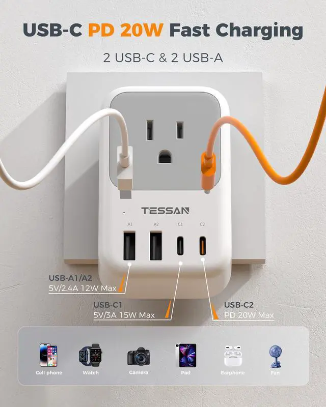 Alt view image 10 of 14 - Type G Adapter for Travel 2 Pack, PD 20W US to UK Plug Adapter with 4 AC Outlets 4 USB Ports (2 USB C), Ireland Power Adaptor for USA to England London British Scotland Dubai Hong Kong Kenya