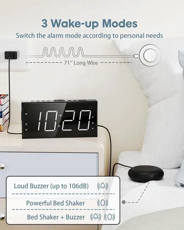 Alt view image 9 of 14 - Loud Alarm Clock with Bed Shaker for Heavy Sleeper, Dual Vibrating Alarm Clock with USB Charger for Hard of Hearing/Deaf, 7.5 Large LED Display with Dimmer, Snooze, 12/24H & Battery Backup