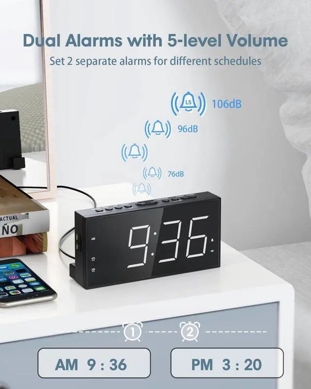 Alt view image 11 of 14 - Loud Alarm Clock with Bed Shaker for Heavy Sleeper, Dual Vibrating Alarm Clock with USB Charger for Hard of Hearing/Deaf, 7.5 Large LED Display with Dimmer, Snooze, 12/24H & Battery Backup