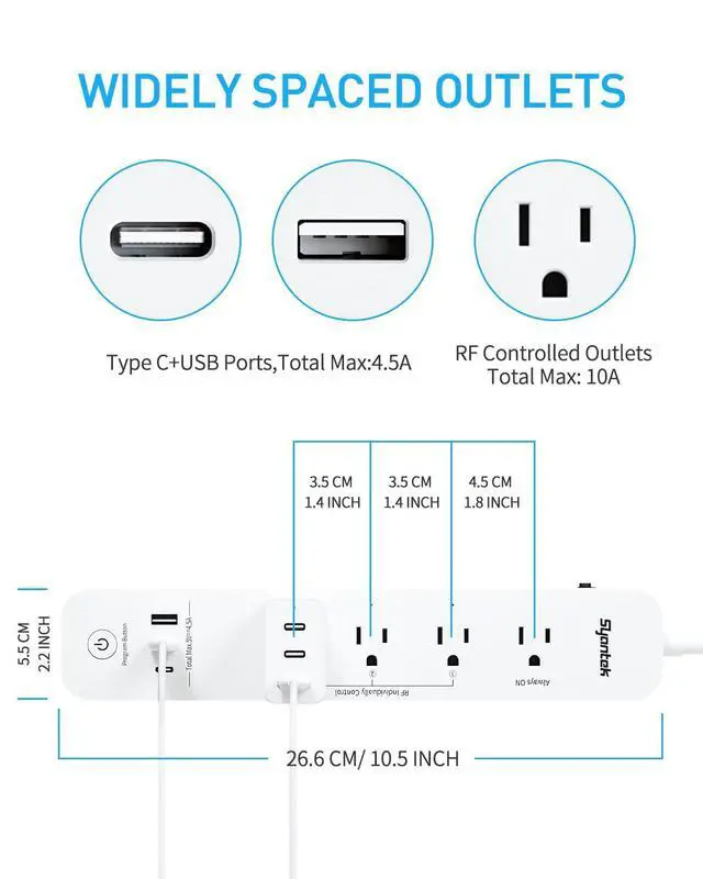 Alt view image 10 of 14 - Remote Control Power Strip with 3 USB Surge Protector Power Strip with 3 RF Controlled Outlets, 5ft Extension Cord, 15A/1875W Remote Control Outlet for Household and Workstation Appliances
