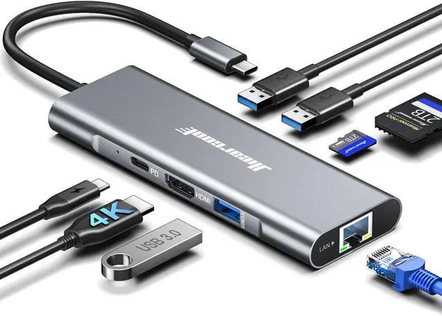 Alt view image 8 of 14 - USB C Hub Ethernet 8-in-1, 4K@60Hz USB-C to HDMI Multiport Adapter with 1Gbps RJ45, 100W PD, 3 USB 3.0, SD/TF, Compatible for MacBook Pro/Air, Dell, Lenovo Laptops