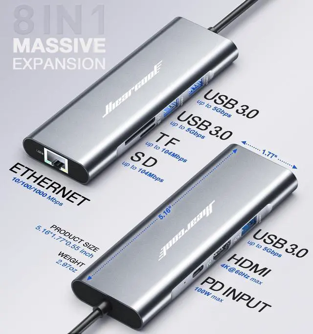 Alt view image 11 of 14 - USB C Hub Ethernet 8-in-1, 4K@60Hz USB-C to HDMI Multiport Adapter with 1Gbps RJ45, 100W PD, 3 USB 3.0, SD/TF, Compatible for MacBook Pro/Air, Dell, Lenovo Laptops