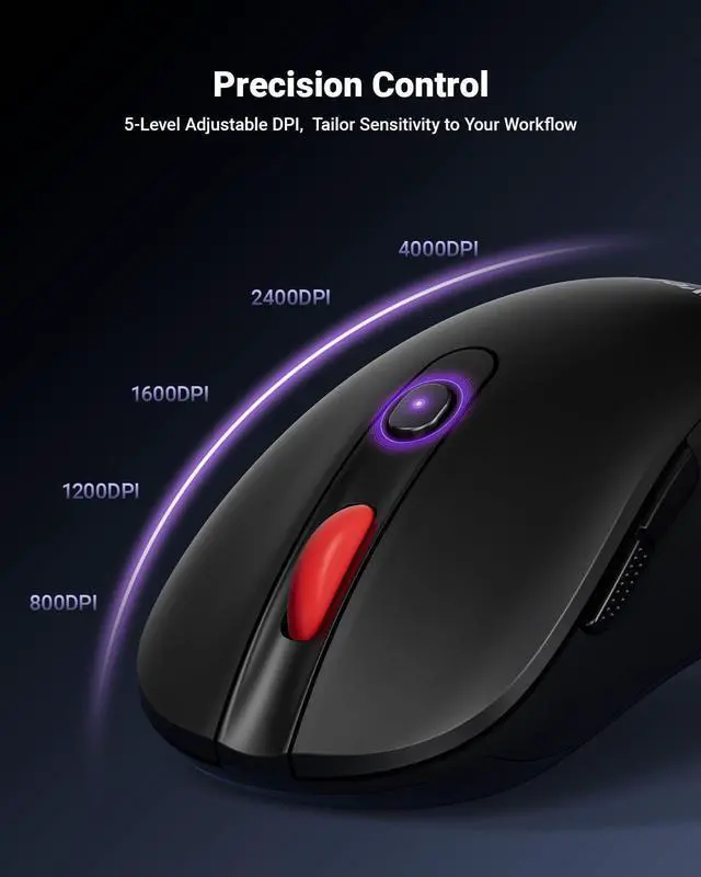 Alt view image 10 of 14 - USB Wireless Mouse for Laptop PC Mac, 2.4GHz Cordless Mouse with 6 Buttons, 5-Level Adjustable 4000 DPI, Ergonomic Portable Optical Computer Mice, 24-Month Battery Life -Black