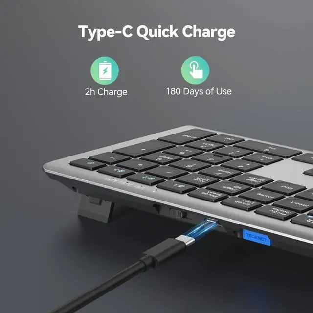 Alt view image 10 of 14 - Bluetooth Keyboard Rechargeable, 4-Device Free Switching (2.4G+BT), Ultra-Slim Full Size Wireless Keyboard, Quiet Typing, for PC/Laptop/Smart TV/Phone, Adjustable Stand, 12 Multimedia Keys