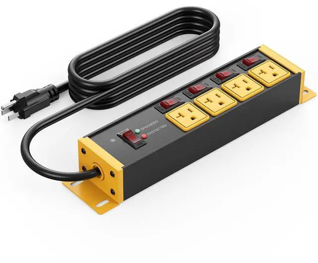 Alt view image 8 of 14 - IHeavy Duty Surge Protector Power Strip 20 Amp Individual Switches. 4FT 12 Gauge Extension Cord with Multiple Outlets. Kitchen, Garage, Shop, Industrial Wall Mount Electric Extender, Yellow.