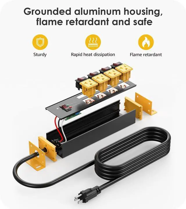 Alt view image 13 of 14 - IHeavy Duty Surge Protector Power Strip 20 Amp Individual Switches. 4FT 12 Gauge Extension Cord with Multiple Outlets. Kitchen, Garage, Shop, Industrial Wall Mount Electric Extender, Yellow.