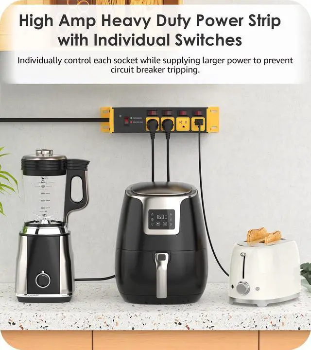 Alt view image 10 of 14 - IHeavy Duty Surge Protector Power Strip 20 Amp Individual Switches. 4FT 12 Gauge Extension Cord with Multiple Outlets. Kitchen, Garage, Shop, Industrial Wall Mount Electric Extender, Yellow.