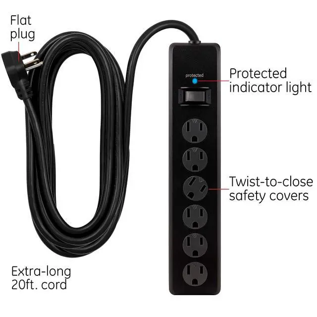 Alt view image 9 of 14 - 6-Outlet Surge Protector, 20 Ft Extension Cord, Power Strip, 800 Joules, Flat Plug, Twist-to-Close Safety Covers, Protected Indicator Light, UL Listed, Black, 50769