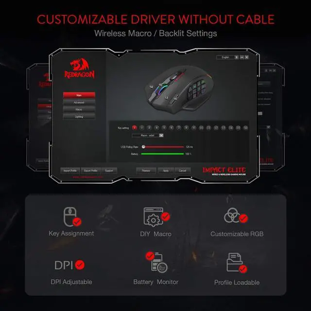 Alt view image 12 of 12 - M913 Impact Elite Wireless Gaming Mouse, 16000 DPI Wired/Wireless RGB Mouse with 16 Programmable Buttons, 45 Hr Battery and Pro Optical Sensor, 12 Side Buttons MMO Mouse