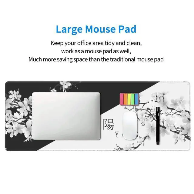 Alt view image 13 of 14 - Japanese Black White Cherry Blossom Gaming Mouse Pad XL Extended Large Mousepad with Nonslip Rubber Base Stitched Edges Laptop Computer Keyboard Desk Mat for Office Home Gamer