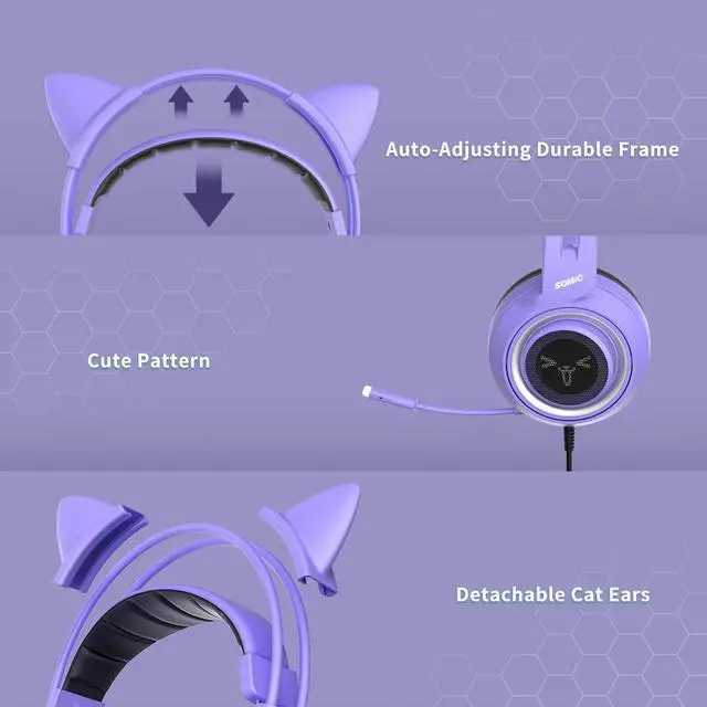 Alt view image 12 of 14 - G951S Purple Stereo Gaming Headset with Mic for PS4, PS5, Xbox One, PC, Phone, Detachable Cat Ear 3.5MM Noise Reduction Headphones Computer Gaming Headphone Self-Adjusting Gamer Headsets