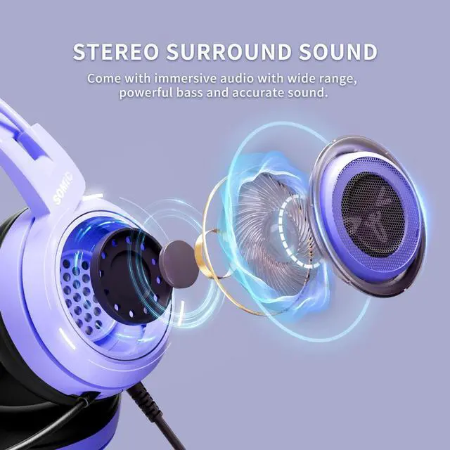 Alt view image 9 of 14 - G951S Purple Stereo Gaming Headset with Mic for PS4, PS5, Xbox One, PC, Phone, Detachable Cat Ear 3.5MM Noise Reduction Headphones Computer Gaming Headphone Self-Adjusting Gamer Headsets