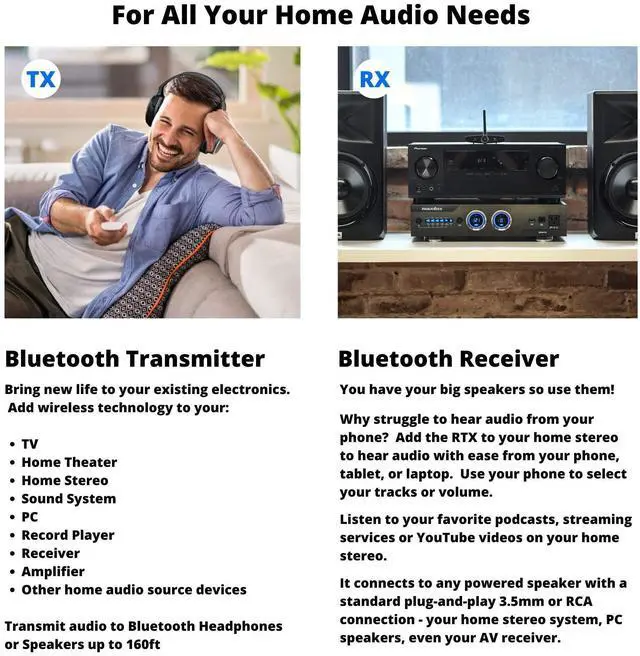 Alt view image 11 of 14 - Long Range Bluetooth Transmitter or Receiver, Audio Only for TV PC Stereo, Connect Speaker, Headphones, Phone, aptX Low Latency Wireless Adapter, Listen in HD No Delay Optical RCA 3.5mm (Home RTX 2.0)