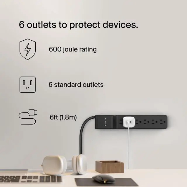 Alt view image 9 of 14 - Surge Protector Power Strip with 6 AC Outlets, 6ft/1.8M Long Heavy-Duty Extension Cord, & 360-Degree Rotating AC Plug for Conference Rooms, Computer Desktops, & More - 600 Joules of Protection