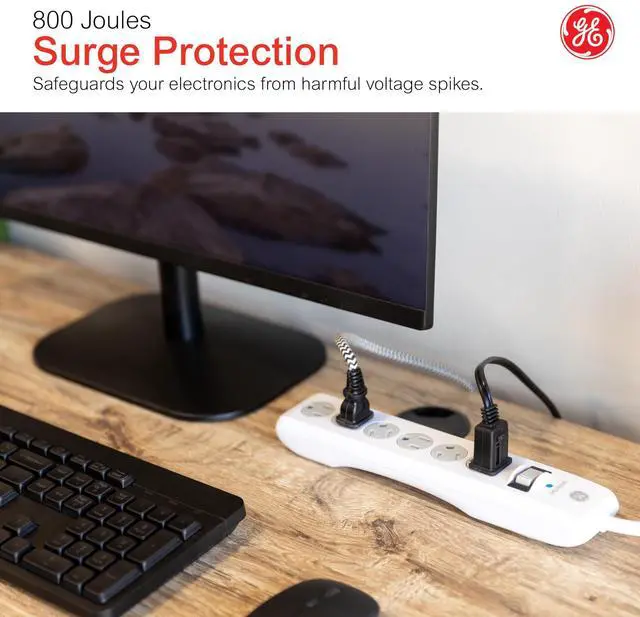 Alt view image 10 of 10 - Surge Protector Power Strip, 4 Ft Extension Cord, 6 Outlet Extender, 800 Joules, Flat Plug, Twist-to-Close Safety Covers, ETL Listed, White, 33658