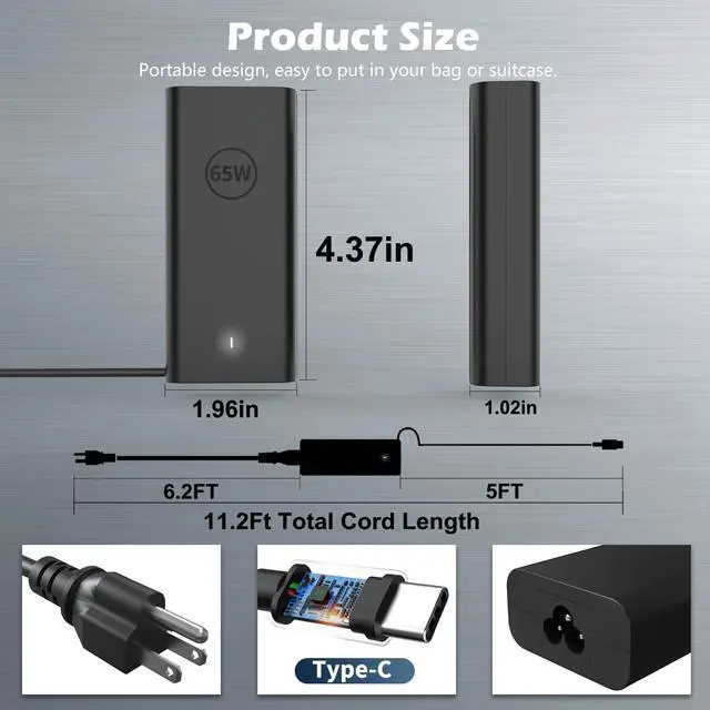 Alt view image 10 of 14 - 60W 65W USB Type C Power Adapter Compatible with Dell Laptop Charger USB C Pro 13 14 16 Plus Latitude 5420 5450 5540 5550 3540 3550 7420 7440 5530 5520 7410 Computer XPS 13 Chromebook Cord