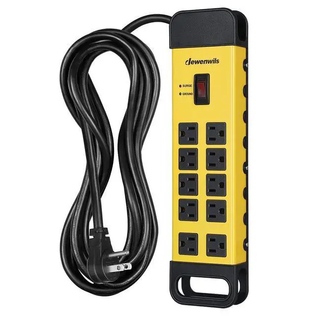Alt view image 8 of 14 - 10-Outlet Metal Surge Protector Power Strip with 15Ft Cord, UL Listed, Flat Plug, 15A Circuit Breaker, 1440Joules, Heavy Duty Industrial Power Strip for Garage, Workshop, Wall Mountable