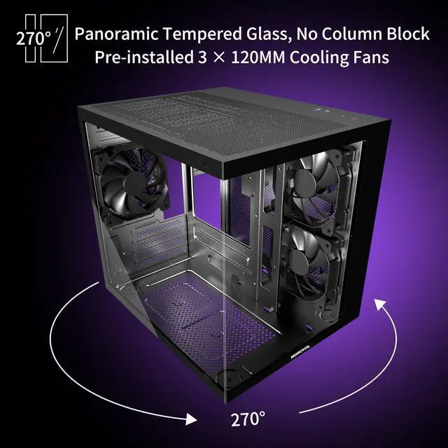 Alt view image 11 of 14 - MATX PC Case,270° Panoramic Tempered Glass Panel Gaming PC Case,3 Fans Pre-Installed Micro-ATX Computer Case,USB 3.0,Black(V3)