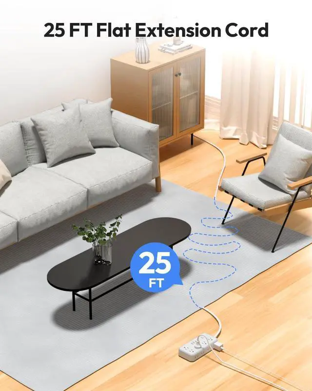 Alt view image 9 of 14 - Flat Extension Cord 25 FT, Long Surge Protector Power Strip, 10 Outlets 4 USB Ports (2 USB C), 3 Side 3 Prong & 2 Prong, 2700J, Overload Protection, Flat Plug Wall Mount, White, SurgePro