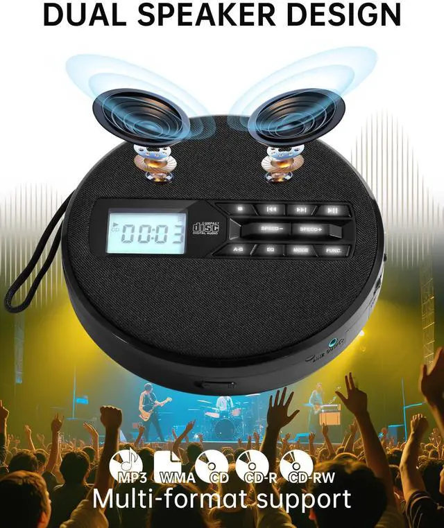 Alt view image 9 of 14 - CD Player Portable with Speakers - Rechargeable Personal CD Player for Car and Home, Small Fabric Music Player with Backlit Display, Anti-Skip, AUX/USB Port - Ideal for Audiobooks & Gifts