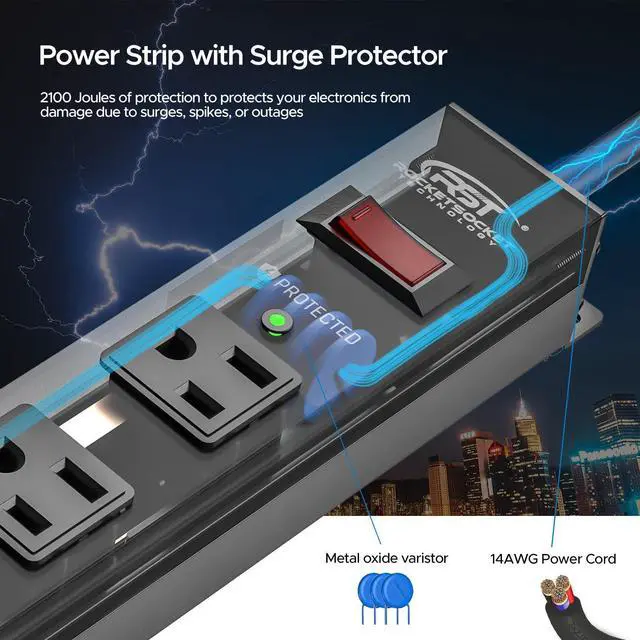 Alt view image 10 of 12 - 12-Outlet Long Power Strip with 15FT Cord, 2100 Joules Heavy Duty Surge Protector Mountable Power Strip, Wide Spaced Outlets for Industrial Garage Commercial(15A/1875W)