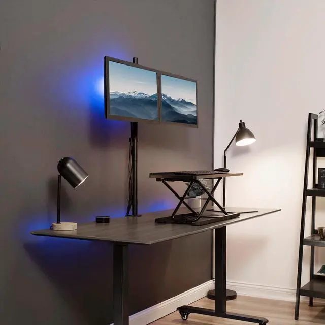 Alt view image 8 of 12 - Dual Monitor Stand Up Desk Mount Extra Tall 39 inch Pole, Fully Adjustable Stand for up to 27 inch Screens, Black, STAND-V012